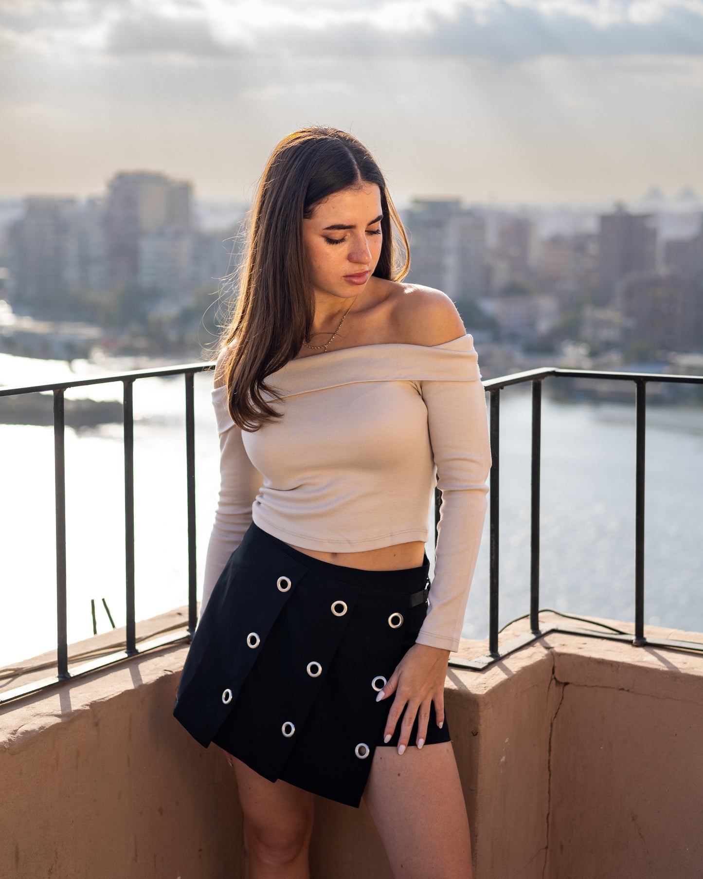 Edgy Eyelet-Detail Black Skort
