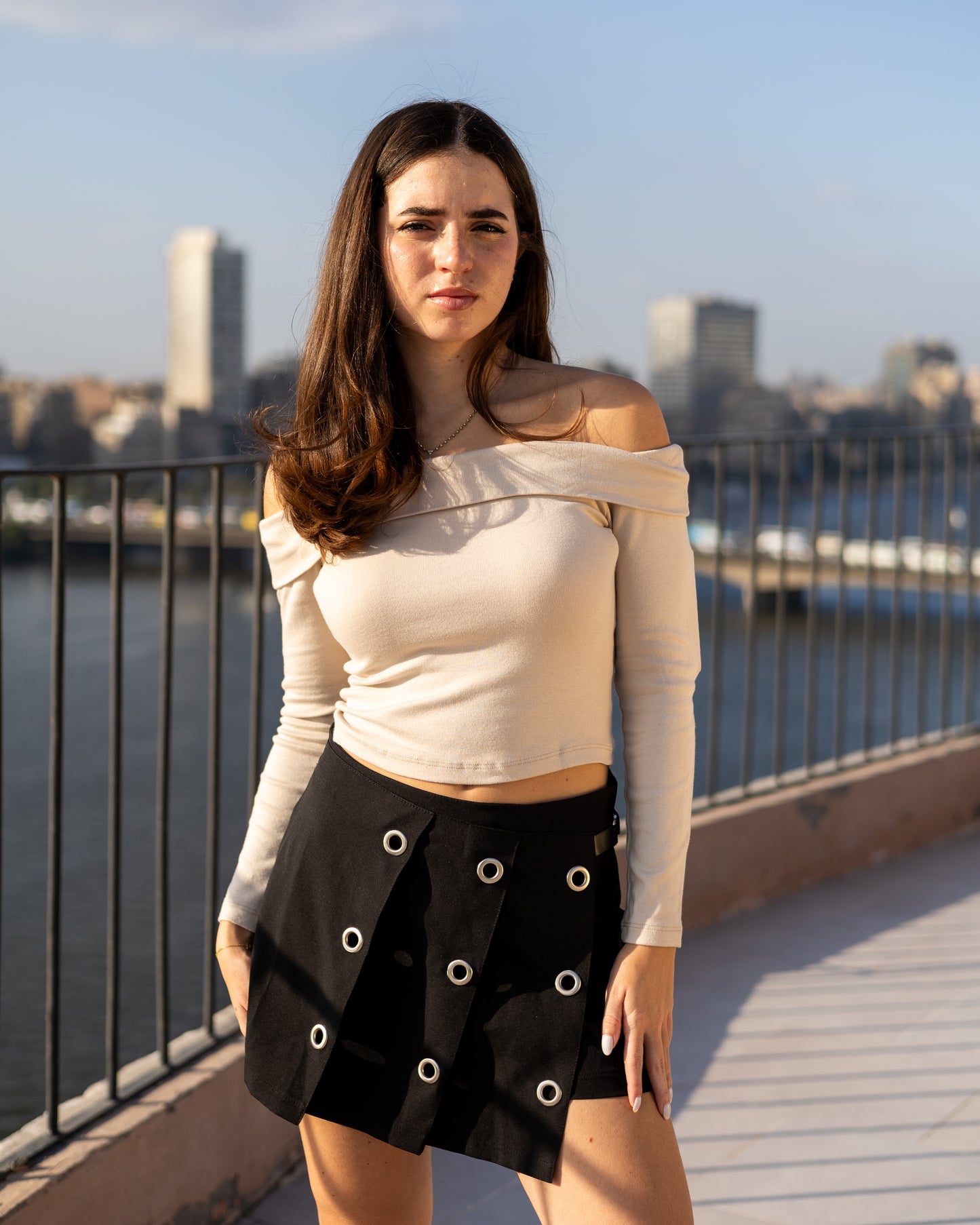 Edgy Eyelet-Detail Black Skort