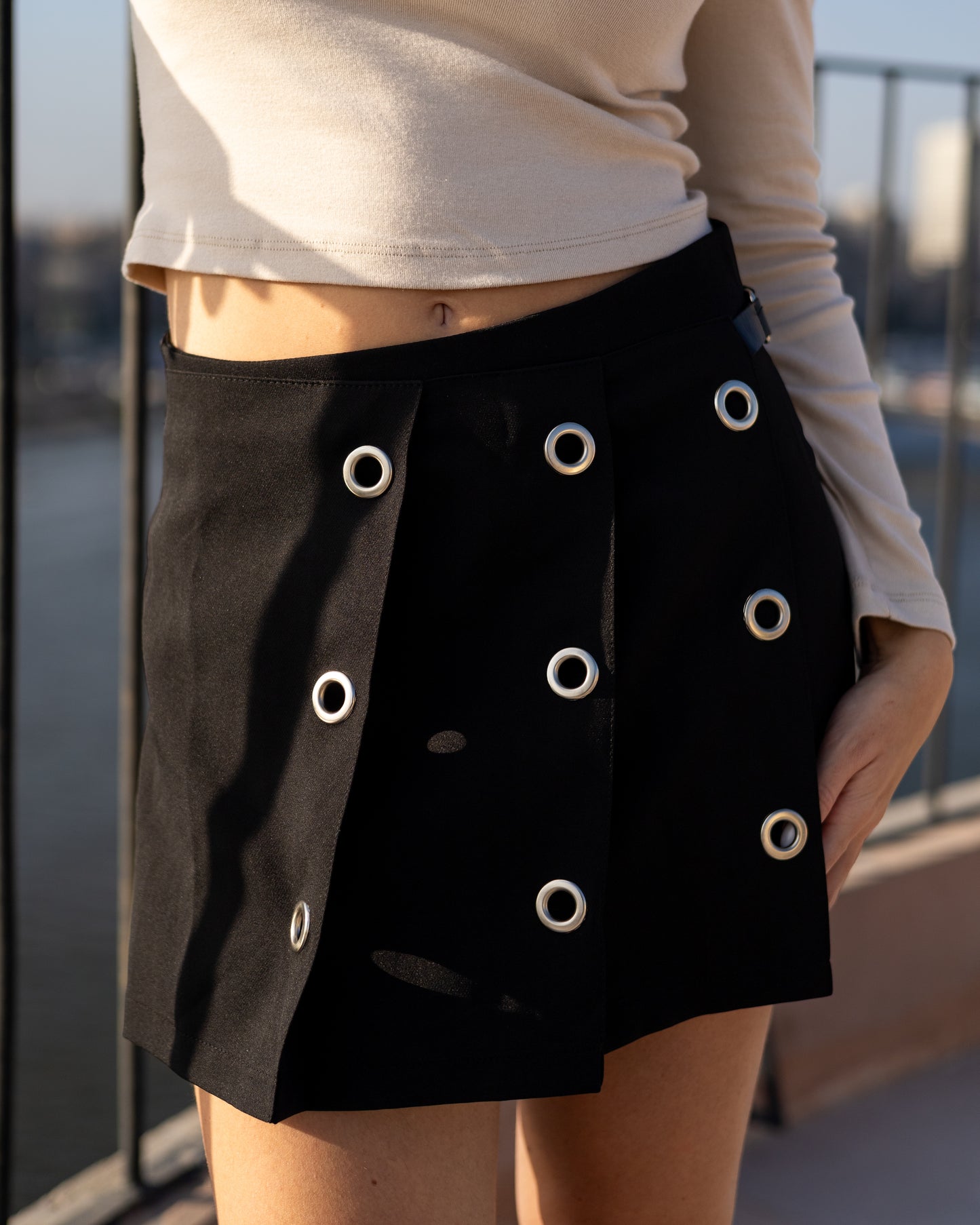 Edgy Eyelet-Detail Black Skort