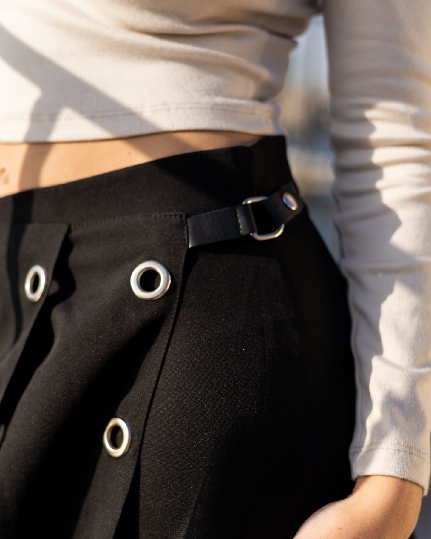 Edgy Eyelet-Detail Black Skort