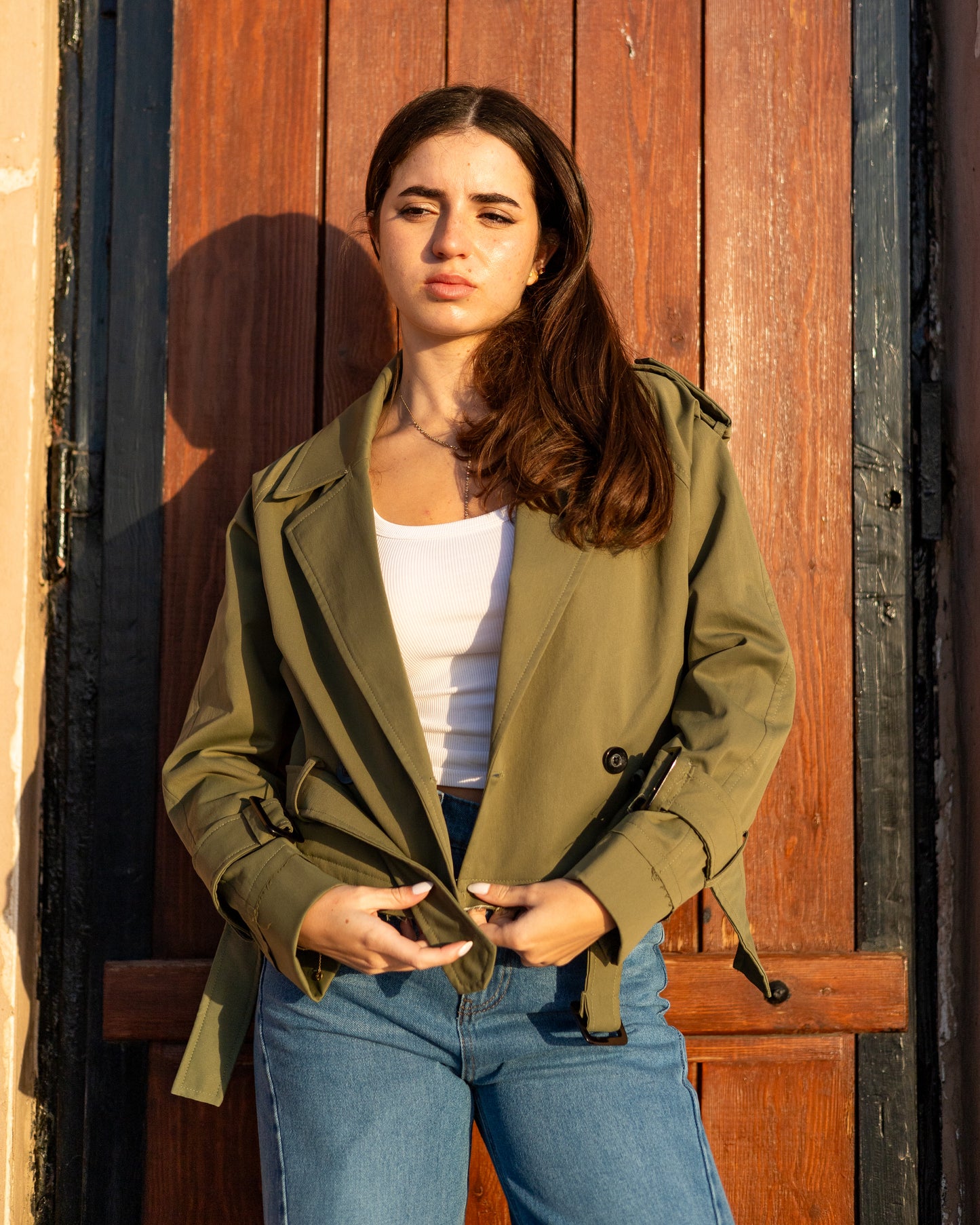 trench jacket in olive