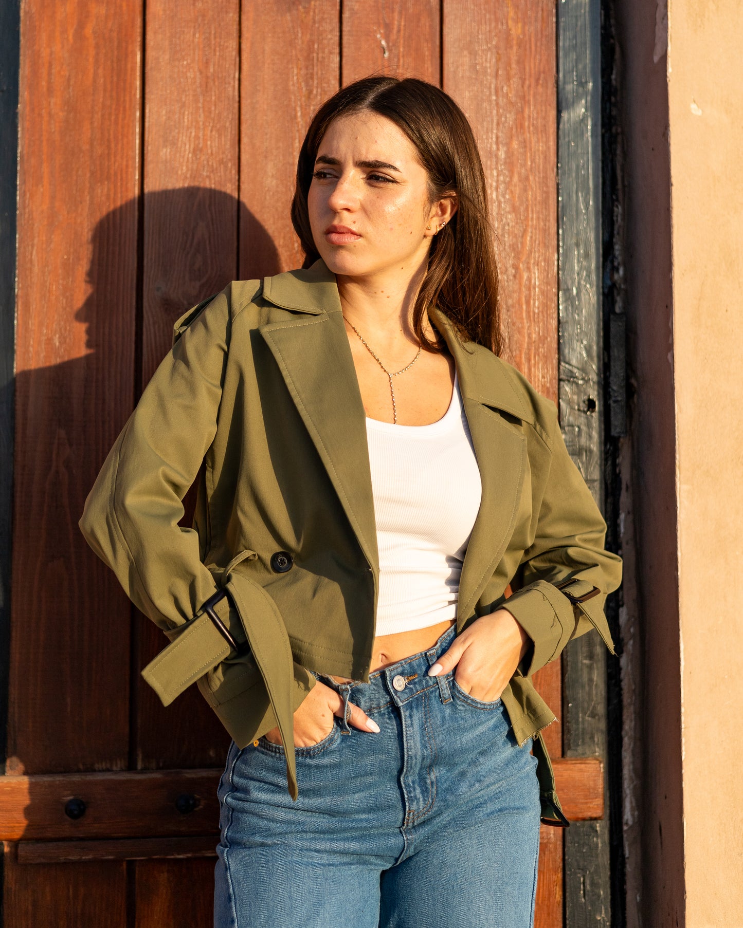 trench jacket in olive