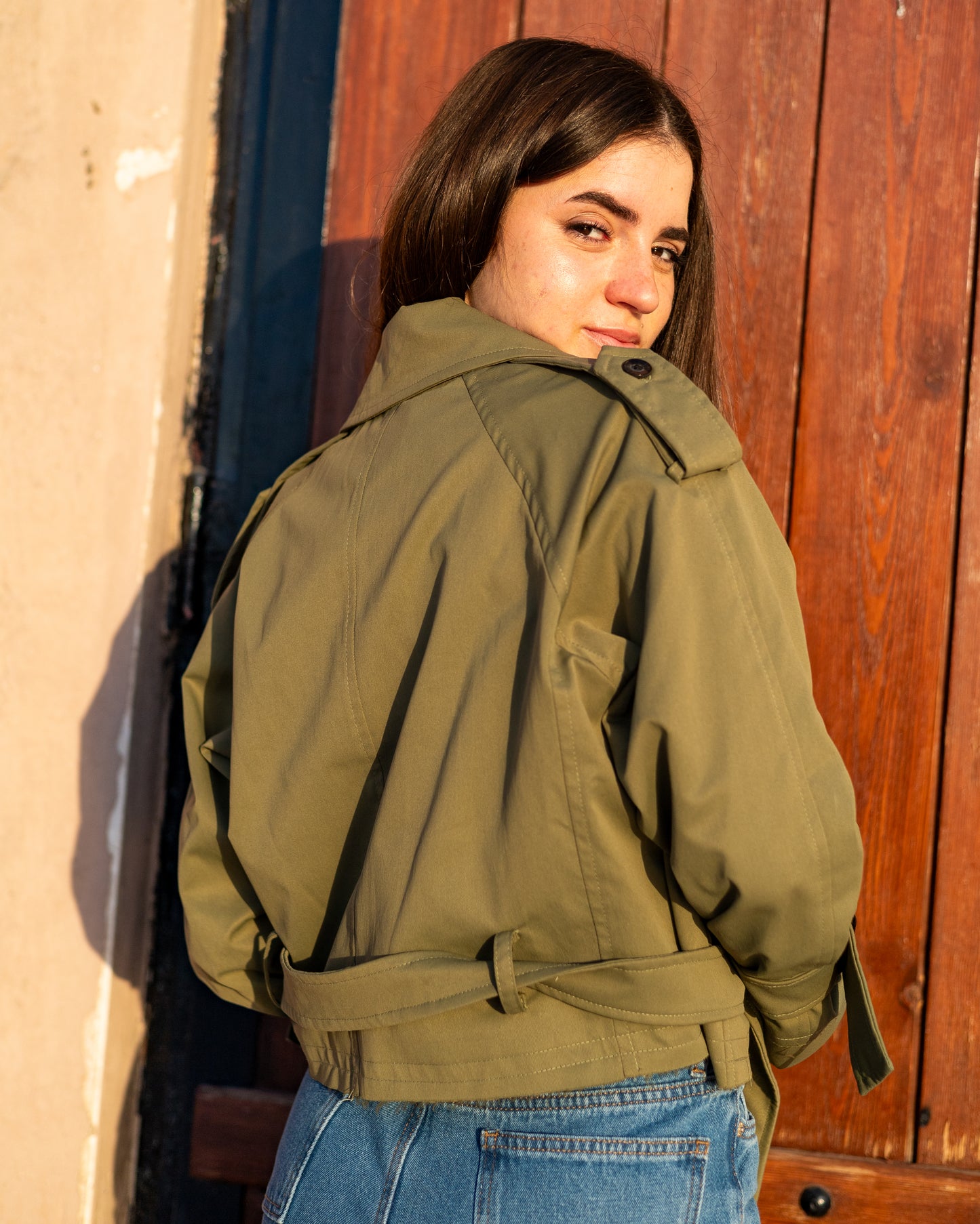 trench jacket in olive